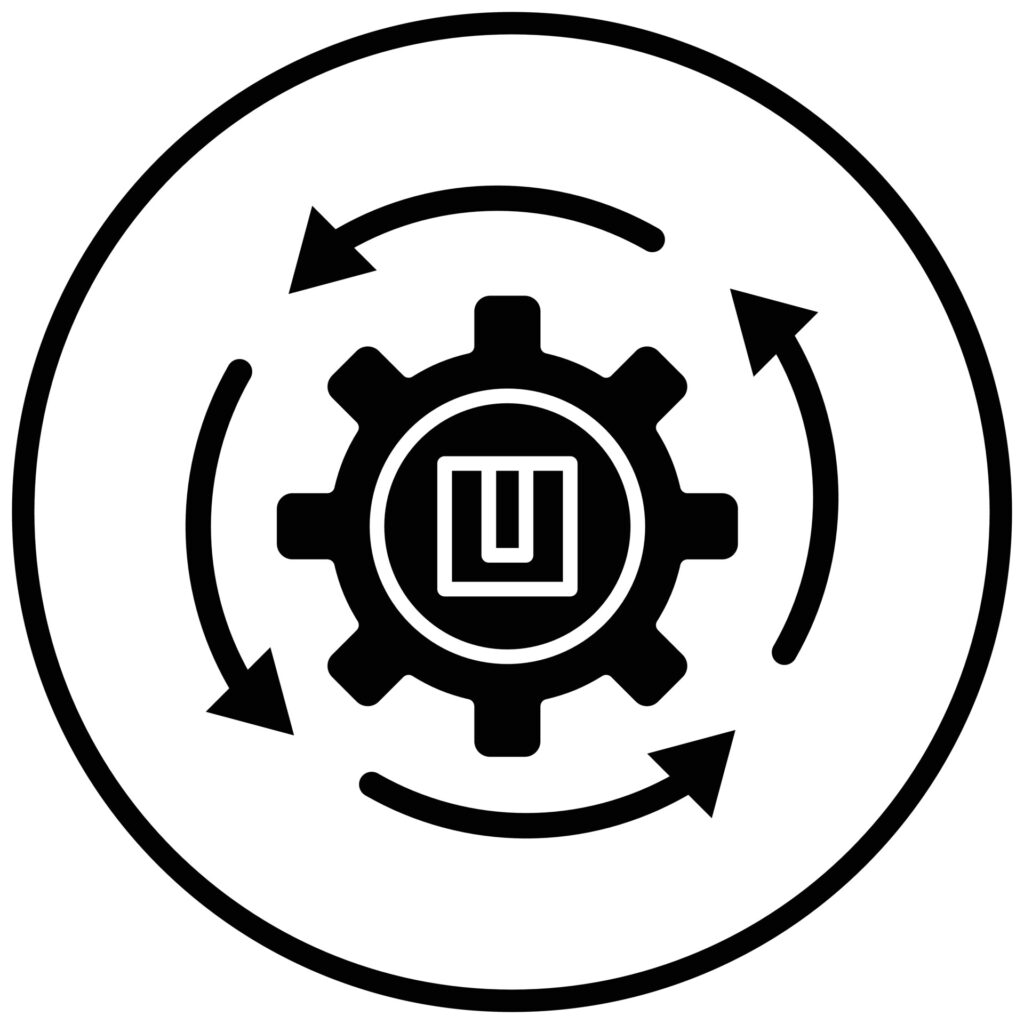 Systems People for Automation Symbol of Robotics Excellence. A circle with an gear in the middle and arrows circling the gear. Systems People for Automation